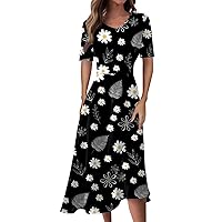Women Dresses,Women's Floral Print Boho Dress Short Sleeve Wrap V Neck Ruffle Belted A-Line Flowy Maxi Dresses