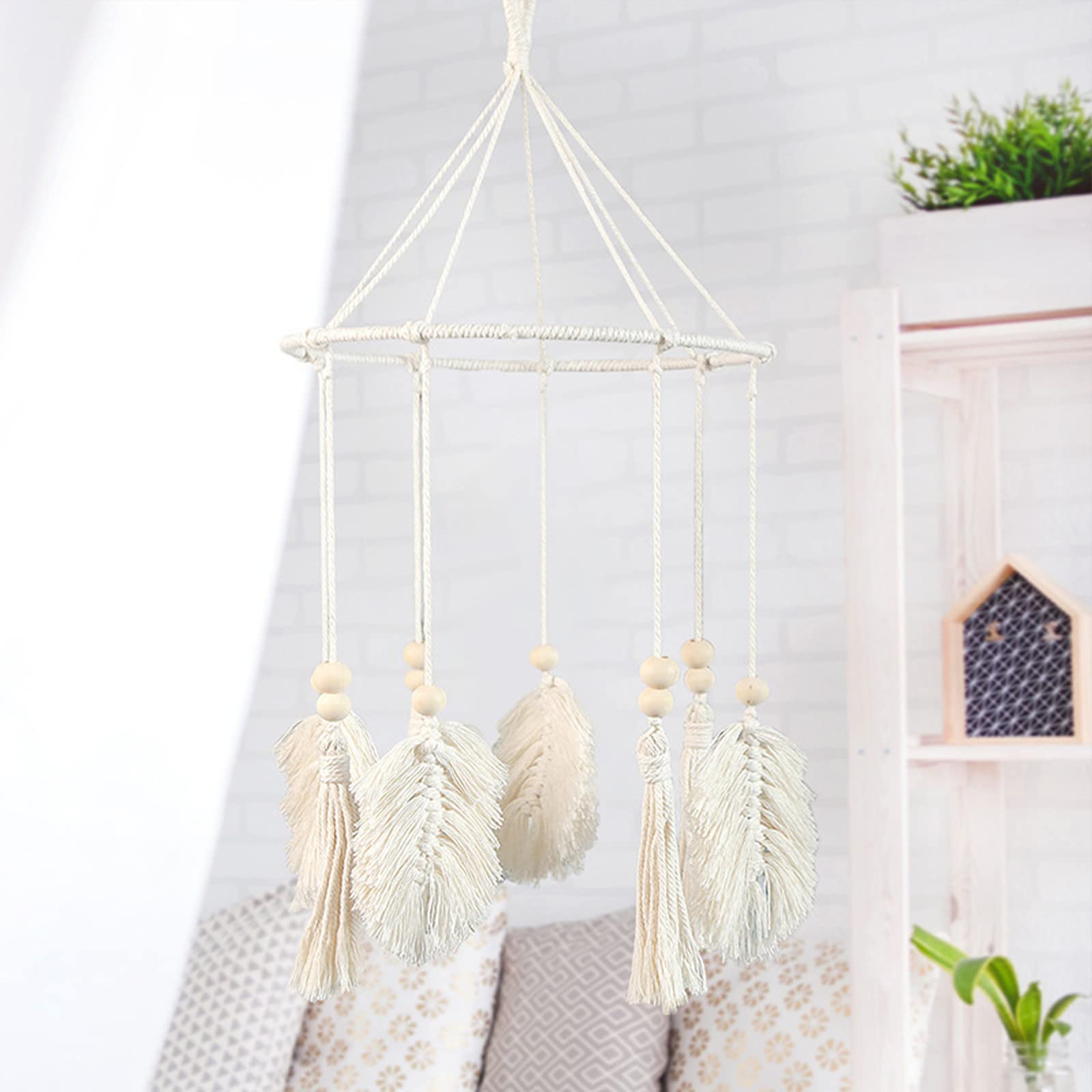 Bohemian Crib Mobile Cotton Woven Macrame Small Boho Dreamcatcher Tapastry Baby Bed Mobile Toys Hanging Wooden Nursery Decor for Girls,Baby Room Crib Bed