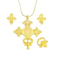 Ethiopian Jewelry for Women Set - Ethiopia Necklace for Women - Ethiopian Big Cross Pendant Chain Earrings Ring Women Gold Color Eritrea Traditional Jewelry African Crosses