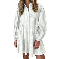 Solid Casual Long Sleeve Tunic Dresses for Women Button Down Loose Swing Shift Dress with Pockets