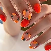 Orange Press on Nails Oval Short Fake Nails Glossy False Nails With Pomelo Designs Full Cover Stick on Nails Reusable Acrylic Artificial Nails Glue on Nails for Women Nail Art Decorations 24Pcs