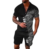 GUINE Mens Casual Zip Up Polo Shirt Shorts Set 2 Piece Outfits Fashion Summer Tracksuit Plus Size Short Sleeve and Shorts Set, #01grey