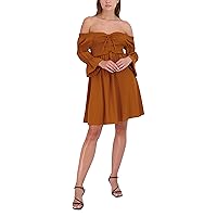 BCBGeneration Women's Mini Fit and Flare Off The Shoulder Long Bubble Sleeve Smocked Bodice Tie Dresses