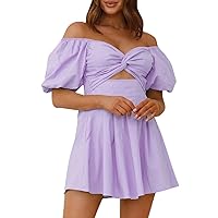 Womens Off Shoulder Summer Dress 2024 Puff Short Sleeve Ruffle Tiered Smocked a line Casual Mini Dress Beach Vacation