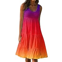 Women's Summer Dresses Round Neck Sundresses Casual Pleated Ruffle Hem Knee Length Sleeveless Tank Dress, S-5XL