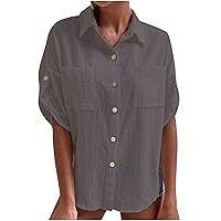 Women Cotton Linen Shirts Cuffed Short Sleeve Lapel Casual Shirts Summer Comfy Loose Fit Solid Blosues for Going Out