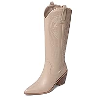 Nude Cowgirl Boots Women Chunky Heel Leather Cowboy Boot Wide Calf With Classic Embroidered,Knee High Pointed Toe Pull On Western Boots Woman