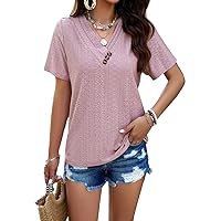 Women's Buttoned V Neck Hollow Short Sleeved T Shirt Summer Casual Fashion Solid Color Tees Tops