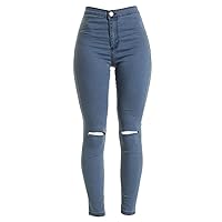 Andongnywell Women's Ripped Knee Stretchy Skinny Pants Distressed Knee-Ripped Denim Pants Classic High Waisted Jegging