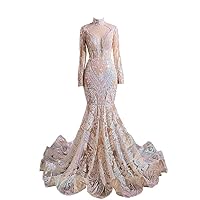 Womens Sexy Sheer Deep V Neck Prom Dress Mermaid Tulle Sequins Dresses Long Sleeve Evening Party Gown