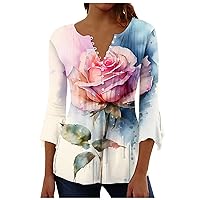 Button Down Shirts for Women Print Tunic Summer Tops Dressy Casual Bell 3/4 Sleeve V Women's Athletic Shirts