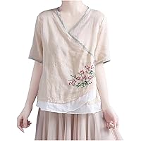Women Cotton Linen Chinese Wrap Tee Tops Summer Color Block Flower Short Sleeve V Neck Casual Loose Elegant T-Shirts