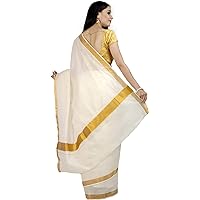 Kerala Kasavu Solid Plain Golden Zari Border Sari With Blouse Piece | Kuthampully Kerala Kasavu Saree Off-White