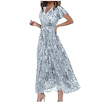Summer Midi Dress for Women 2024 Floral Print Ruffle Short Sleeve V Neck Dresses Casual Loose Flowy Midi Dress