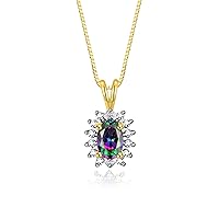 Rylos Yellow Gold Plated Silver Halo Pendant Necklace: Gemstone & Diamond Accent, 18 Chain - 6X4MM Birthstone Women's Jewelry - Timeless Elegance
