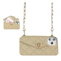 UnnFiko Wallet Case Compatible with iPhone 14 Pro, Cute Light Luxury Bag Design, Purse Flip Card Pouch Cover Soft Silicone Case with Handstrap Long Shoulder Strap (Khaki, iPhone 14 Pro)