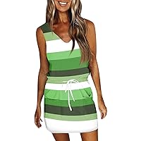 Womens Sundresses Casual Sundresses for Women 2024 Striped Print Casual Fashion Slim Fit with Waistband Short Sleeve V Neck Summer Dress Green Large