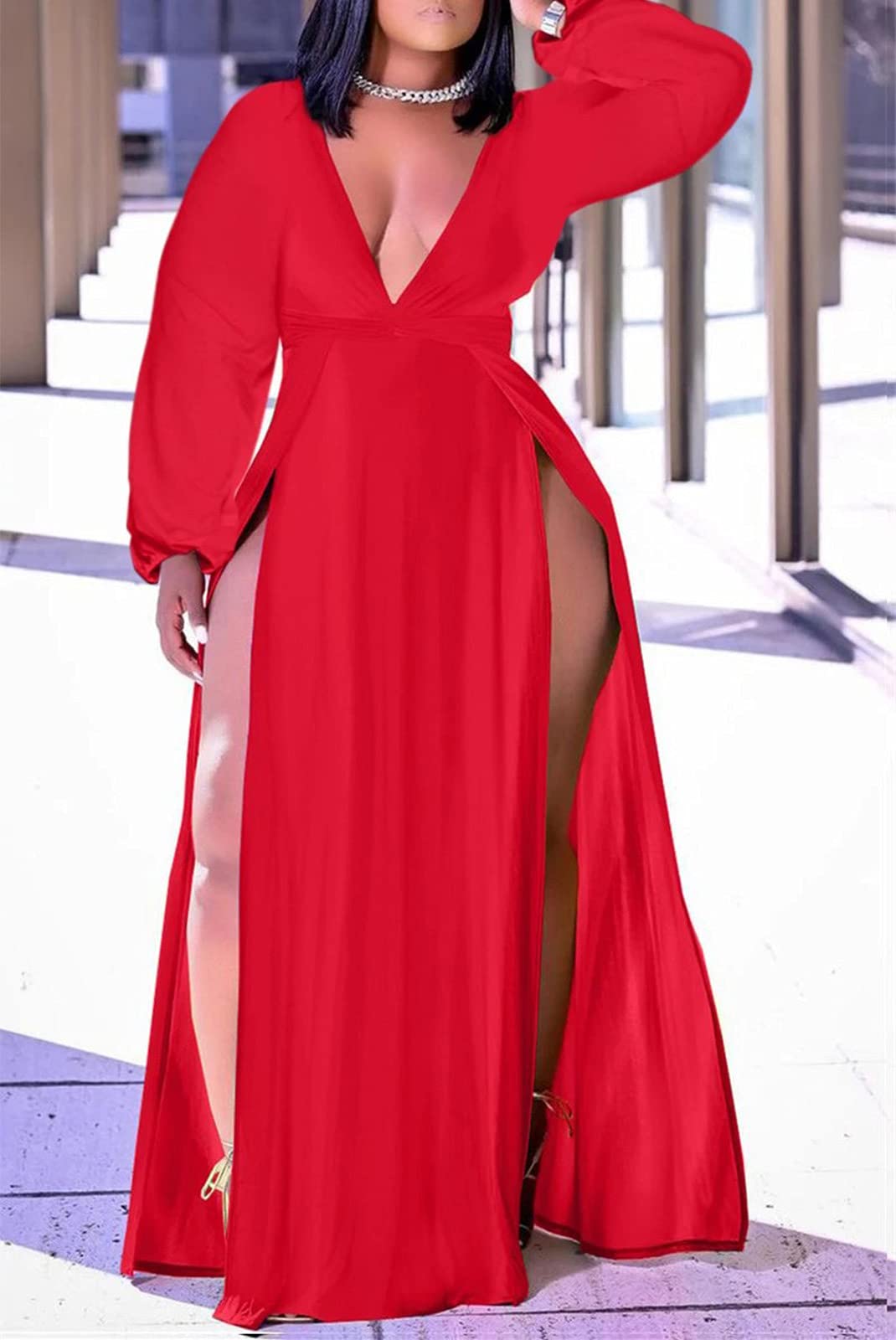 Ekaliy Women's Plus Size Sleeveless Deep V Neck Front Split Long Maxi Wrap Dress