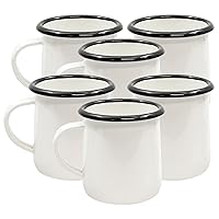 Tablecraft Enamelware Collection Black Rim Solid White Enamel Coffee Cup Mugs, Camping, RV, Farmhouse, Home & Restaurant Use Porcelain Over Steel, Classic, Vintage, Boho, Retro Style, 12 Oz, Set of 6
