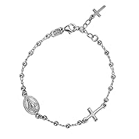 Rhodium Plated Sterling Silver Oval Miraculous and Cross Station 7 Inch Beaded Bracelet for Women
