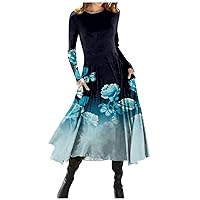 Women's Wedding Guest Dress Plus Size Fashion Casual Printed Round Neck Pullover Slim Fitting Long Dress, S-3XL