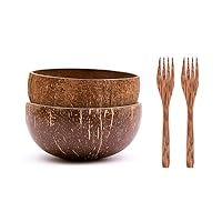 2 Eco-Friendly Jumbo Coconut Bowls (Raw & Original) w/ 2 Coconut Wood Forks - 100% Natural, Organic Kitchen Set - Handcrafted from Reclaimed Coconut Shells + Offcuts