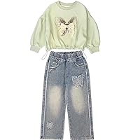 Peacolate 4Y-10Y Spring Fall Little Big Girls T Shirt and Jeans 2pcs Clothing Sets