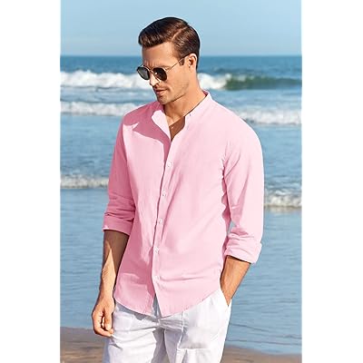 Makkrom Men's Casual Button Down Cotton Linen Shirts Long Sleeve Band  Collar Beach Shirt Top