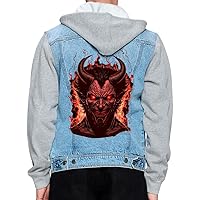 Devil Print Men's Denim Jacket - Demon Graphic Jacket with Fleece Hoodie - Cool Design Jacket for Men