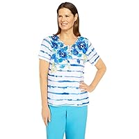 Alfred Dunner Women's Plus-Size Lace Neck Floral Stripe Tee