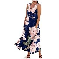 Womens Sun Dresses Summer Casual Sundress with Sleeveless and Pockets Printed Round Neck Comfort Tank Dress