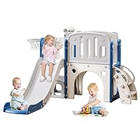 YUYUE 8 in 1 Toddler Slide for Toddlers Age 1-3, Extra-Long Slide with Basketball Hoop Indoor and Outdoor Baby Climber Playset Playground Freestanding Slide (Medium, White+Blue)