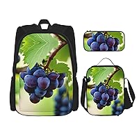3-In-1 Backpack Bookbag Set,Grape Print Casual Travel Backpacks,With Pencil Case Pouch, Lunch Bag