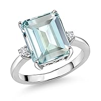 925 Sterling Silver 12X10MM Sky Blue Simulated Aquamarine and 2MM White Lab Grown Diamond 3 Stone Engagement Ring For Women | 5.49 Cttw | Gemstone March Birthstone | Available in Size 5,6,7,8,9
