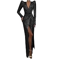 Women’s Sparkly V Neck Prom Dresses Sexy Slit Long Cocktail Party Club Evening Dress Sequins Pad Shoulder Ruched Gowns