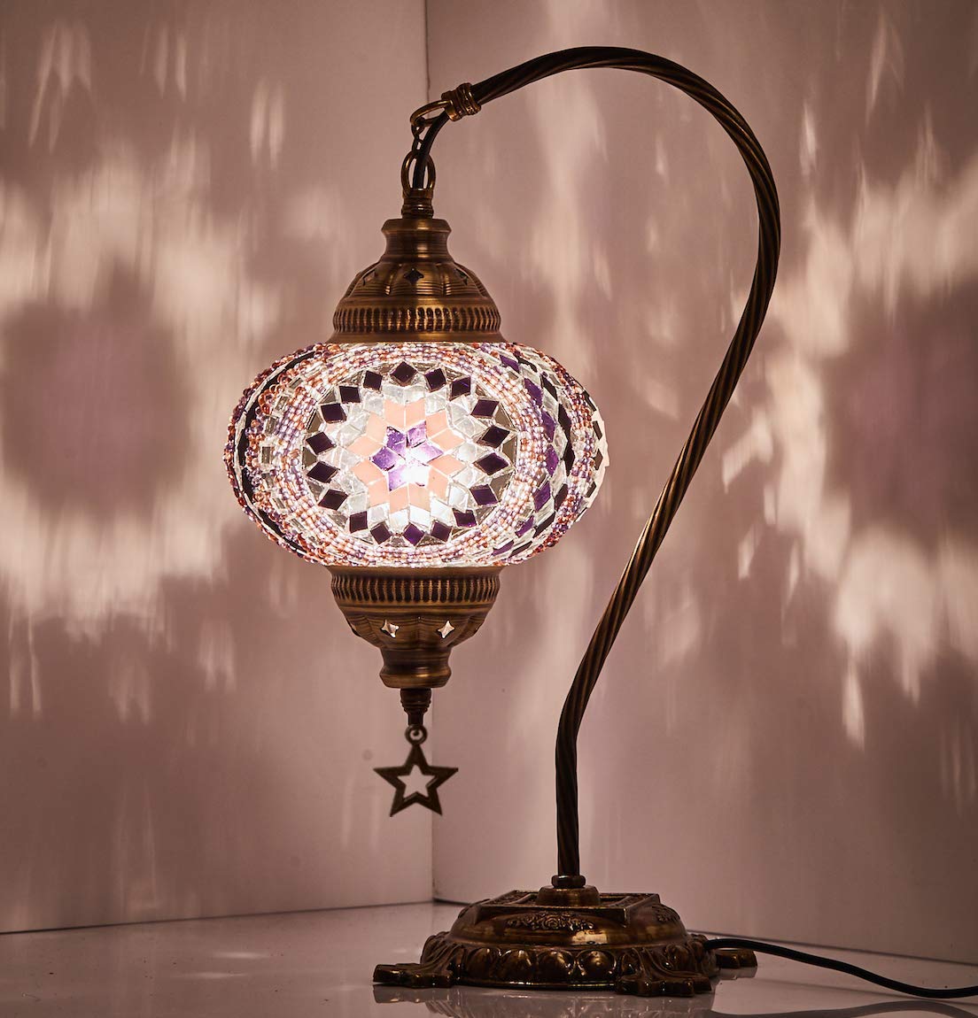(33 Colors) DEMMEX Turkish Moroccan Mosaic Table Lamp with US Plug & Socket, Swan Neck Handmade Desk Bedside Table Night Lamp Decorative Tiffany La...