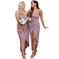 Satin Bridesmaid Dresses for Women One Shoulder Prom Dress with Slit High Low Wedding Guest Dress for Women RBD009