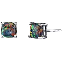 Peora 14K White Gold Created Black Fire Opal Stud Earrings for Women, Hypoallergenic Solitaire, Cushion Cut 6mm, 1 Carat total, October Birthstone, Friction Back