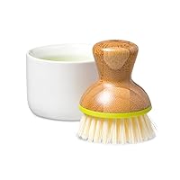 Bubble Up- Eco-Friendly Bamboo Dish Brush & Ceramic Soap Dispenser - Natural Scrub Set for Dishes, Cast Iron - Kitchen Cleaning with Handle, White
