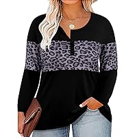 RITERA Women Plus Size Tops Long Sleeve Winter Tops Oversized Ladies Color Block Tunic Leopard Animal Print Tshirt Round Neck with Button Design Fashion Fall Blouse Black 4X 4XL 26W 28W