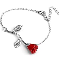MignonandMignon Red Petal Rose Bracelet in Silver Beauty and the Beast Initial Mother's Day Gift - 3ERBR (K)