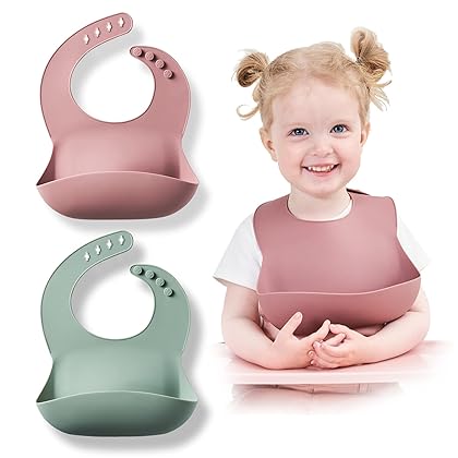 Justbeen Silicone Baby Bibs Set of 2 BPA Free Waterproof Soft Adjustable Bib Easily clean with Food Catcher 6-18 Months