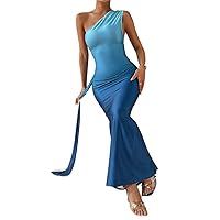 Women's Dress Blue One Shoulder Draped Side Mermaid Hem Dress | Sexy Ombre Bodycon Sleeveless Dress Dresses for Women Fanolo