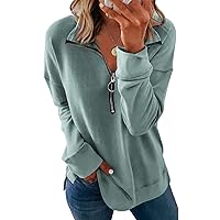 Women Solid Basic Pullover Tops Fall Fashion Quarter Zip Sweatshirts Loose Long Sleeve Pullovers Comfy Daily Tops