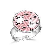 Black Flamingo Pineapple on Pink Background Adjustable Rings for Women Girls, Stainless Steel Open Finger Rings Jewelry Gifts
