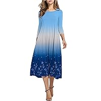 Women's 3/4 Sleeve A-line and Flare Midi Long Dress Skirt Print Gradient Color Loose Crew Neck Dresses