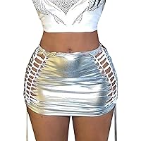 Spring Dresses for Women 2024 Trendy Plus Size, Sexy Metallic Mini Skirt Glitter Tie Up Cut Out Skirt Elastic