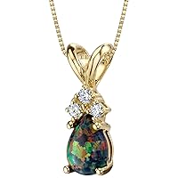 PEORA 14K Yellow Gold Created Black Opal with Genuine Diamonds Pendant for Women, Dainty Teardrop Solitaire, Pear Shape, 7x5mm