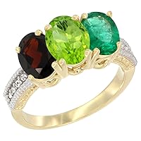 10K Yellow Gold Natural Garnet, Peridot & Emerald Ring 3-Stone Oval 7x5 mm Diamond Accent, Sizes 5-10