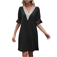 Women's Guipure Lace V Neck Mini Dress Bell Half Sleeve Casual Shift Dresses Solid Color Loose Swing Tunic Sun Dresses